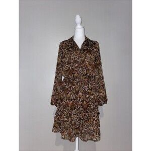 MSK Brown Ikat Paisley Midi Dress M Boho Metallic Ruffle Cottagecore